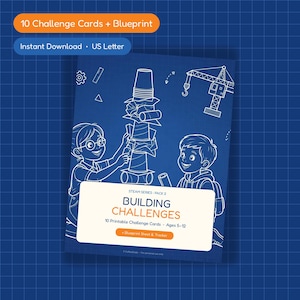 Puede incluir: Un conjunto de actividades imprimibles azul titulado STEAM SERIES - PACK 2 BUILDING CHALLENGES 10 Printable Challenge Cards - Ages 5-12 + Blueprint Sheet & Tracker. La portada muestra dibujos de líneas blancas de dos niños.