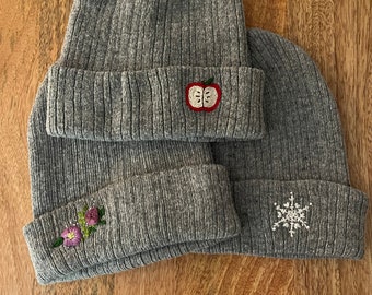 Hand Embroidered adult small/kids beanie - gray