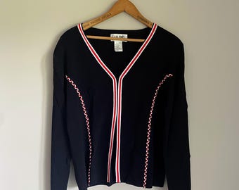 Cárdigan vintage negro con cuello en V y ribete rojo y blanco / Años 80 / Talla extragrande