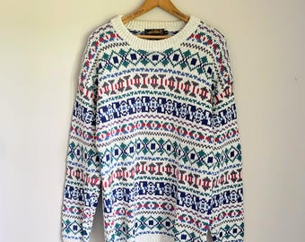 Vintage Crew Neck Chunky Knit Sweater / 100% Cotton / Abstract Geometric Pattern / 90s / Size Medium