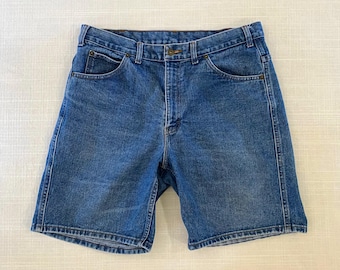 Vintage Y2K-bermudashorts/jorts i 100 % bomullsdenim, mellantvättade – 35 midja x 8 innerbenslängd