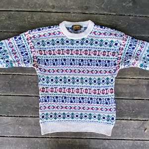 Vintage jaren 90 funky geometrisch patroon trui met ronde hals - maat M - Eddie Bauer