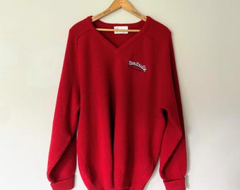 Vintage Pullover mit V-Ausschnitt und Trucker-Logo / Rote Wollmischung / 90s / Größe XL
