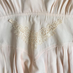 May include: A pale pink dress featuring a V-shaped bodice panel adorned with intricate cream-colored floral lace embroidery. The garment includes a gathered waistline and vertical pleats extending downward from the lace-detailed midsection.