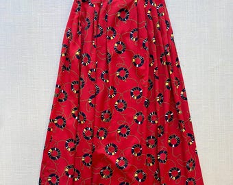 Vintage rode, marineblauwe en gouden nautische midirok met sjaalprint – taille 28 tot 31