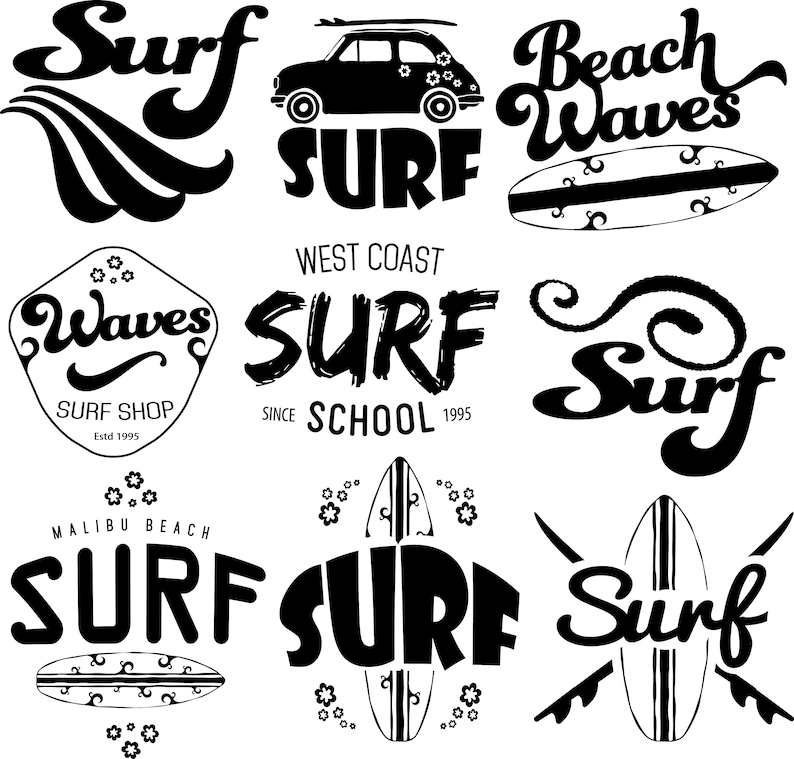 Surf Logo Bundle, Surfboard Logos, Beach Logo Svg, Surf Waves Logo