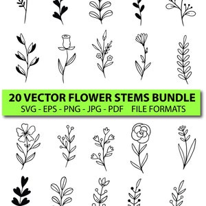 May include: A set of 20 black and white vector flower stems, perfect for adding a touch of nature to your designs.  SVG - EPS - PNG - JPG - PDF FILE FORMATS