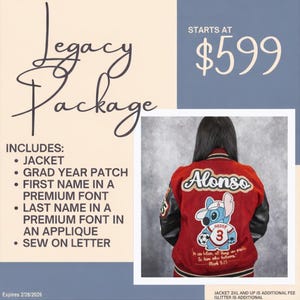 May include: Red and black varsity jacket with the name "Alonso" on the back. The jacket includes a Stitch cartoon patch, a "3" patch, and text from Mark 9:23. The package includes a jacket, grad year patch, name, and sew-on letter.