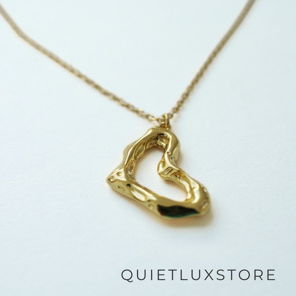 18K Gold Plated Molten Heart Pendant Necklace- Open Heart Charm Layering- 16 Inch Chain with Gold Pendant - Unique Mother's Day Gift for Her