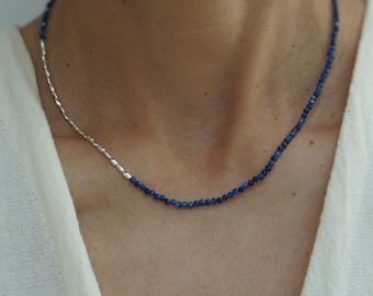 Blue Kyanite Necklace with Silver Nuggets- Handmade Dainty Layering Necklace, Minimalist Colorful Jewelry, Unique Stackable Gift for Her
