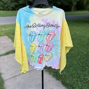 Upcycled Rolling Stones Poncho Top: Boho Festival Shirt