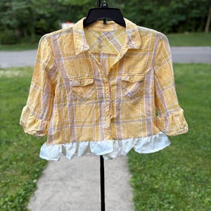 Upcycled Butter Yellow Plaid Crop – Cottagecore Button-Down with Floral Ruffle Hem