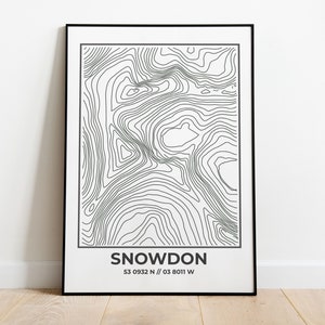 Snowdon Topographic Contour Map Print - Mountain Art, Affiche de voyage, Trois sommets, Impression topographique