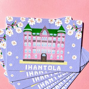 Carte postale de printemps, jolies maisons, belles fleurs, cadeau d'anniversaire pour un meilleur ami