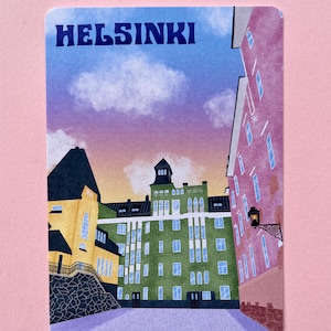 Helsinki Postkarte, süße Häuser, wunderschöne Blumen, Geburtstagsgeschenk für die beste Freundin, Helsingin Architektur