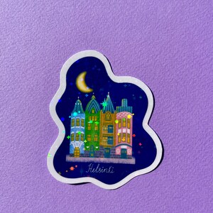 Wodoodporna naklejka z brokatem na laptopa, kolorowe domy Helsinek, naklejka z księżycem