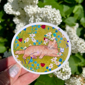 Sticker chat pailleté imperméable pour ordinateur portable, sticker chaton, stickers amoureux des chats pour maman chat, cadeau pour propriétaire de chat, chat allongé sur le champ de fleurs