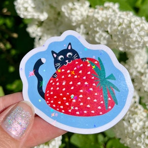 Sticker chat pailleté imperméable pour ordinateur portable, sticker chaton, stickers amoureux des chats pour maman chat, cadeau pour propriétaire de chat, personne chat, chat rigolo, paille rouge