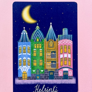 Ansichtkaart Helsinki, schattige huizen, prachtige bloemen, verjaardagscadeau voor beste vriend, architectuur Helsinki