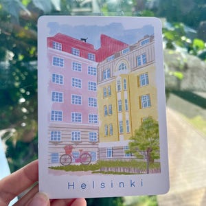 Cartão postal de Helsinque, casas fofas, lindas flores, presente de aniversário para melhor amigo, gato no cartão