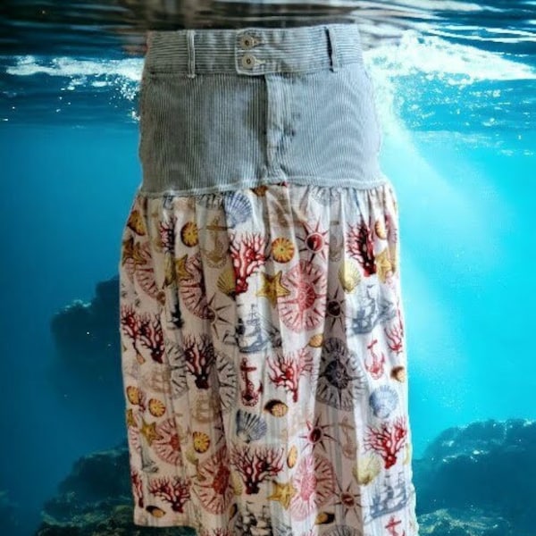 Nautical Midi Jean Skirt - Upcycled from Striped Jeans with Compass, Anchor, and Seashell