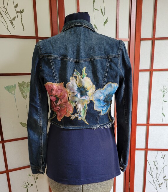 One-of-a-kind Upcycled Cropped Jean Jacket With Colorful