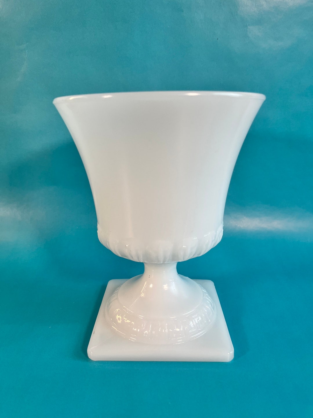 Vintage Milk Glass Urn Flower Vase Compote With Square Base White