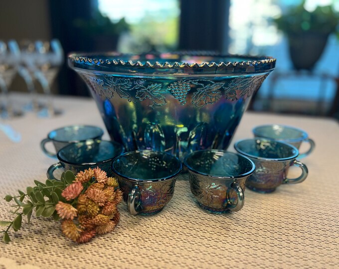 Vintage Blue Carnival Glass Punch Bowl Set With Six Cups Indiana Glass
