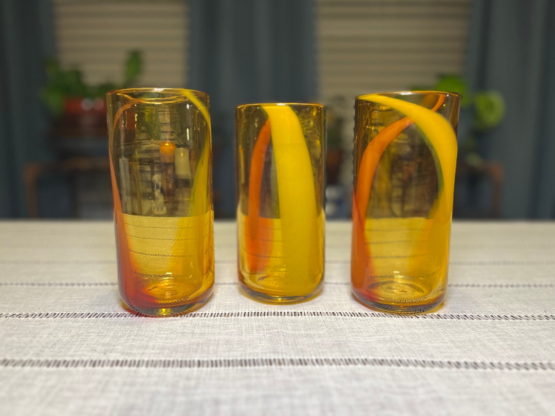Vintage Hand Blown Art Glass Tumblers With Yellow Orange Swirl Etsy