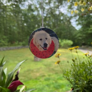 May include: A round, decorative ornament featuring a white dog with a watermelon slice around its neck. The dog has a happy expression. The ornament hangs from a thin silver wire against a blurred green background.