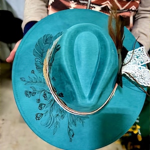 Custom Burned Wide Brim Fedora Hat (Suede)