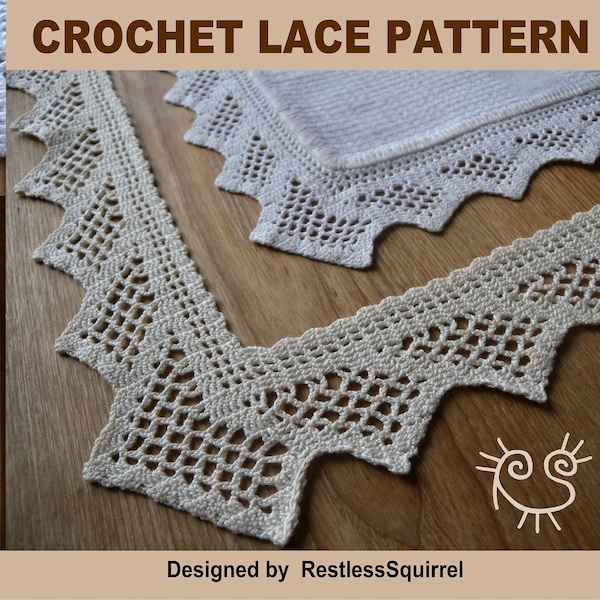 Crochet lace pattern “SEASIDE”: full-perimeter filet edging for a tablecloth, vintage style beauty, US terms.