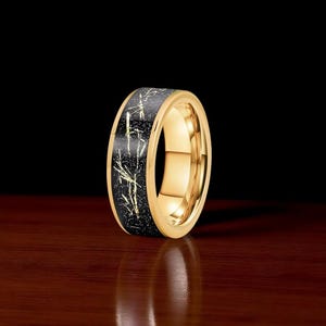 Gold Tungsten Ring with Sandstone & Gold Flakes Inlay | 8mm Men’s Wedding Band | Unique Gold Ring | Gift for Him | Sandstone Band