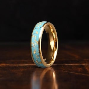 Anello in tungsteno con foglia d'oro e turchese, fede nuziale da 6 mm, fascia turchese, anello di fidanzamento, anello con foglia d'oro, set di fedi nuziali, scatola per fedi nuziali