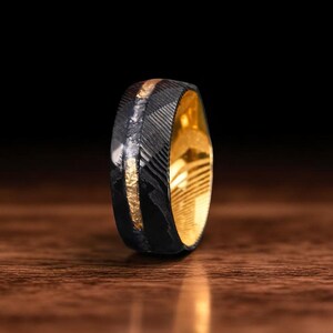 Gold Damascus with Frosted Gold Leaf & Meteorite Ring | Hammered Black Damascus Wedding Band | Gold Leaf Meteorite Ring | 8mm Gold Ring |