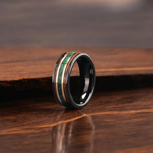Malachite Whiskey Wood Inlay Black Tungsten Ring, Gold Accent