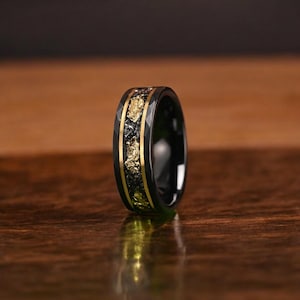 Gold Leaf & Crushed Meteorite Inlay Hammered Tungsten Ring | Meteorite Wedding Ring | Black Brushed Tungsten Ring | Wedding Band For Him