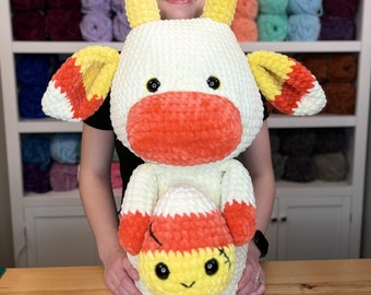 Candace – Sweets loving Candy Corn Cow - JUMBO crochet plushy stuffed animal - 2023 Halloween