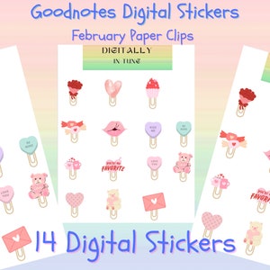 Puede incluir: Un conjunto de 14 pegatinas digitales con clips de papel con temática de San Valentín. Las pegatinas incluyen corazones, caramelos, un osito de peluche, una magdalena y una carta de amor. Las pegatinas están diseñadas para su uso en la aplicación Goodnotes.