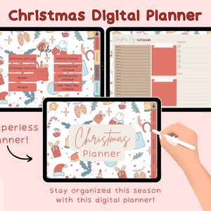 May include: A digital Christmas planner on a tablet screen. The planner includes sections for a gift list, card list, budget, recipes, monthly planner, Christmas Eve schedule, Christmas Day schedule, and New Year's Day schedule. The tablet is on a white background with a festive Christmas pattern.
