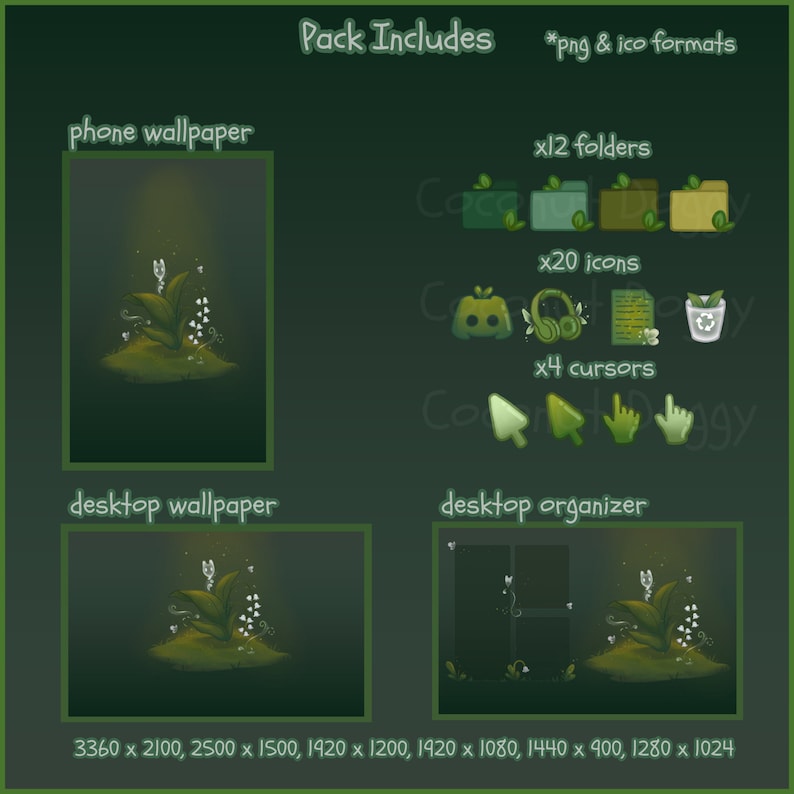 May include: A green and white desktop theme pack with a floral design. The pack includes phone and desktop wallpapers, folders, icons, and cursors. The wallpapers feature a green background with a white flower and leaves. The folders, icons, and cursors are also green and white with a floral design. The pack is available in PNG and ICO formats.