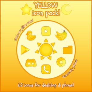 May include: A yellow icon pack with 62 icons for desktop and phone. The icons are arranged in a circle around a yellow sun. The text "Wow so yellow wow!" and "Extremely yellow!" are written around the circle. The text "YELLOW icon pack!" is at the top of the image.