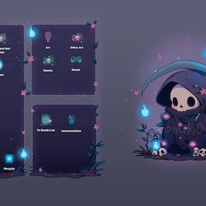 May include: A digital desktop background featuring a cartoon Grim Reaper with a scythe, surrounded by glowing blue orbs and pink flowers. The background also includes a grid of icons with names like "Discord", "Browser", "Music App", "Art", "Games", "Steam", "To Death List", and "necronomicon".