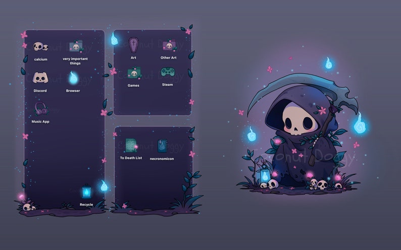 May include: A digital desktop background featuring a cartoon Grim Reaper with a scythe, surrounded by glowing blue orbs and pink flowers. The background also includes a grid of icons with names like "Discord", "Browser", "Music App", "Art", "Games", "Steam", "To Death List", and "necronomicon".