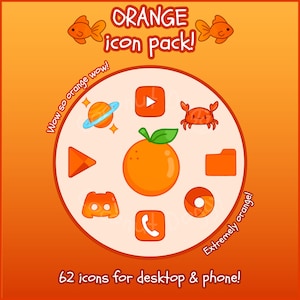 Könnte beinhalten: Ein kreisförmiges Design mit orangefarbenen Symbolen für beliebte Apps und Websites, darunter YouTube, Google Chrome, Discord und ein Telefonsymbol. Das Design ist von einem weißen Kreis umgeben, auf dem sich links und rechts der Text "Wow so orange wow!" und "Extremely orange!" befindet. Der Text "ORANGE icon pack!" befindet sich oben im Bild, und der Text "62 icons for desktop & phone!" unten.