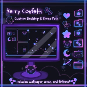 Puede incluir: Una pantalla de ordenador que muestra un fondo de escritorio azul oscuro y morado con un tema de noche estrellada. La pantalla está rodeada por un borde morado y azul. La pantalla está etiquetada como "Berry Confetti Custom Desktop & Phone Pack". La imagen incluye una variedad de iconos y carpetas con un oso, una estrella, un corazón, una luna, un sol, una papelera y un planeta. El texto "includes wallpaper, icons, and folders!" se muestra en la parte inferior de la imagen.