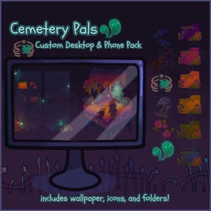 Puede incluir: Un paquete de arte digital "Cemetery Pals" que muestra un monitor de escritorio con una escena espeluznante con fantasmas y un cementerio. Incluye fondos de pantalla, iconos y carpetas personalizados. La paleta de colores es oscura con acentos verde neón y naranja.