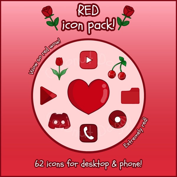 Red Desktop & Phone ICON pack!| Custom Icons for Android, iPhone, iOS, Windows | Cute Aesthetic Themed Set