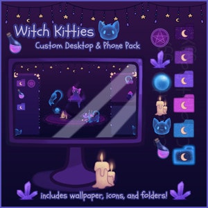 Witch Kitties | Magical Fantasy Wallpaper Desktop Phone Theme Pack | Custom Organizer Set