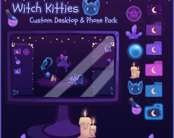 Witch Kitties | Magical Fantasy Wallpaper Desktop Phone Theme Pack | Custom Organizer Set